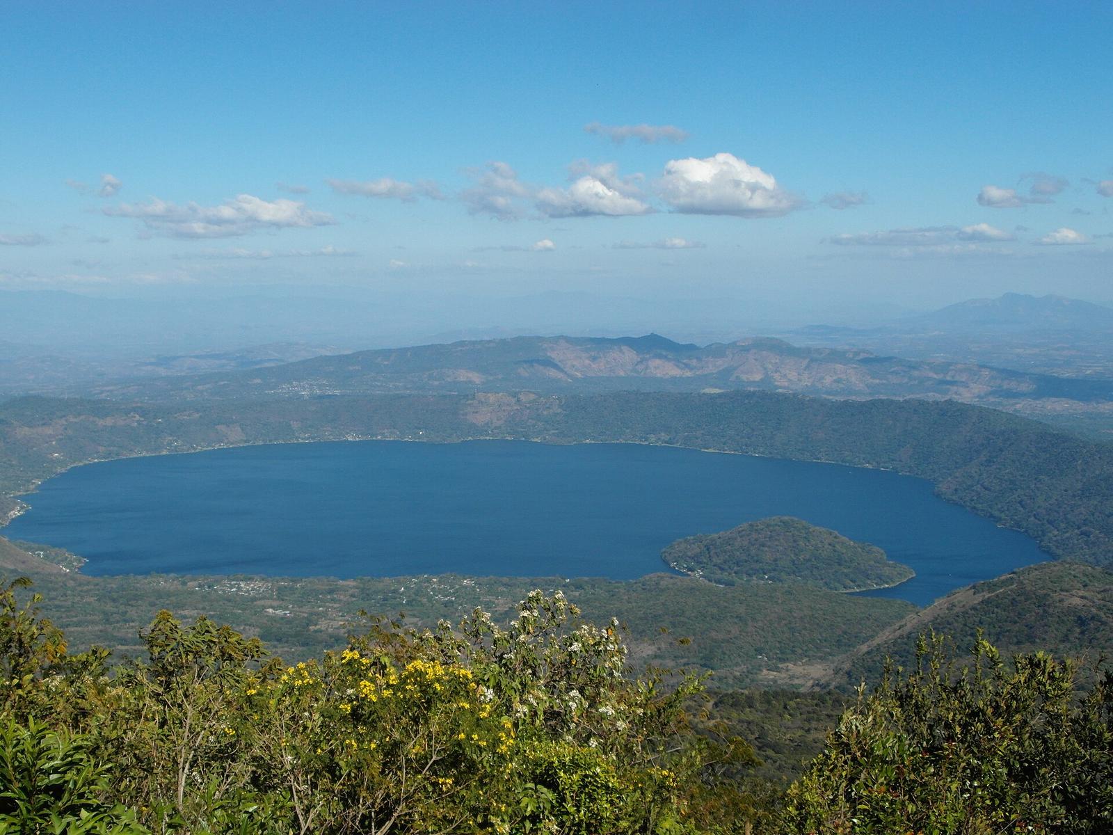 Lake Coatepeque inside its volcanic crater, seen from the rim